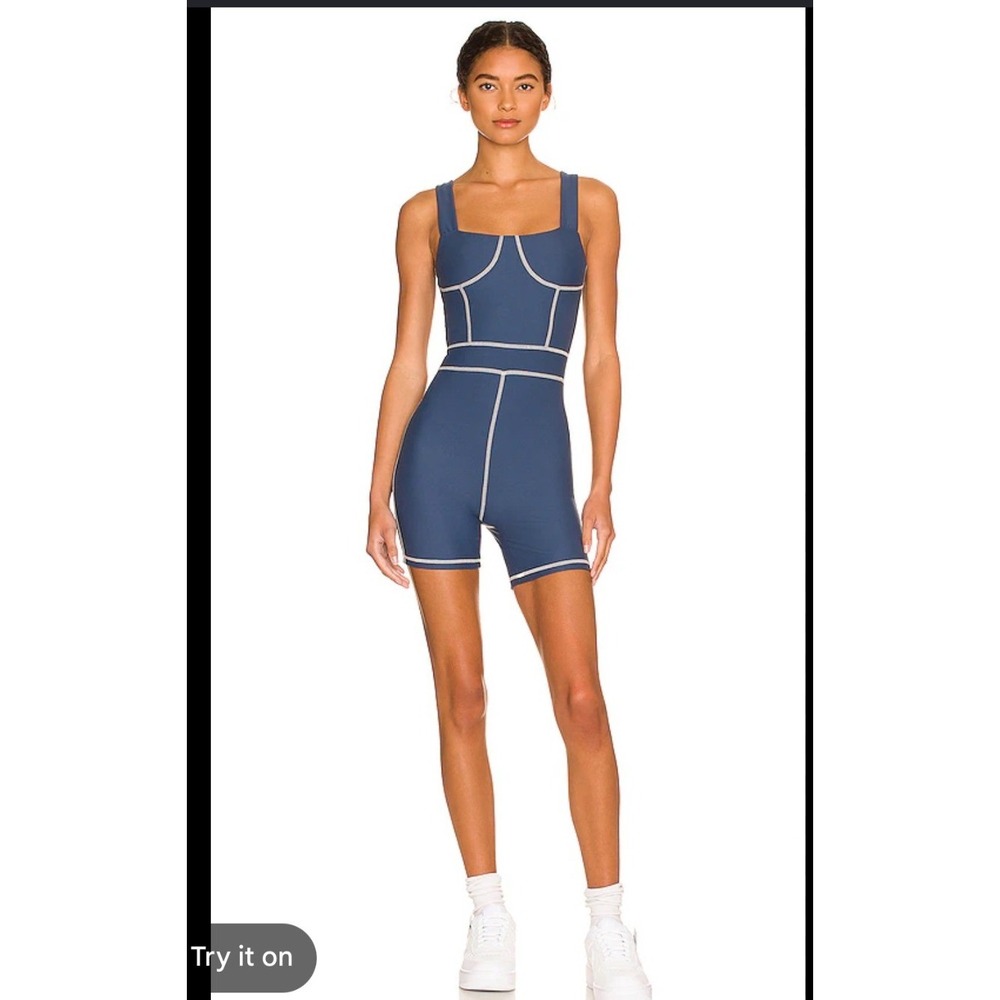 WeWoreWhat Navy Corset Bodysuit Romper Biker Shorts Contrast Stitch XS Revolve